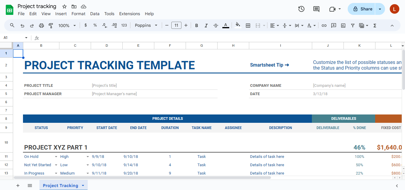 Google Sheets template – Project Tracking