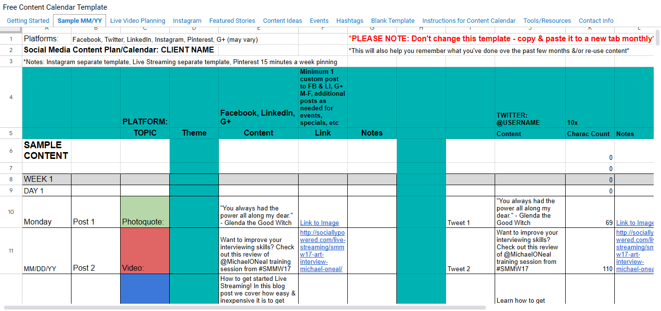 Google Sheets template – Social Media Content Plan Calendar