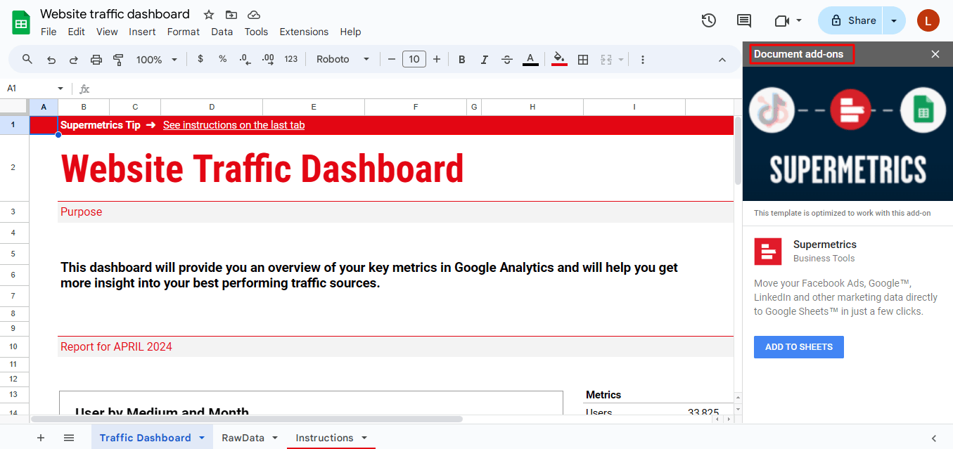 Google Sheets template – Website traffic dashboard