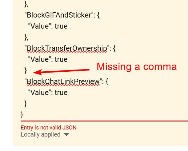 JSON syntax error in configurating xFanatical Safe Doc policy in Google Admin Console Apps and Extensions page