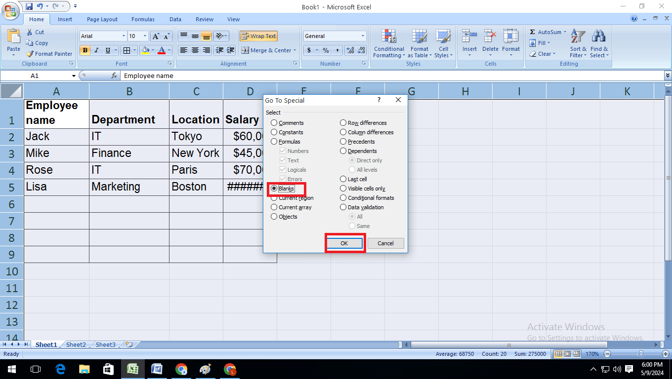 Delete blank rows in Excel – click Blanks and OK 
