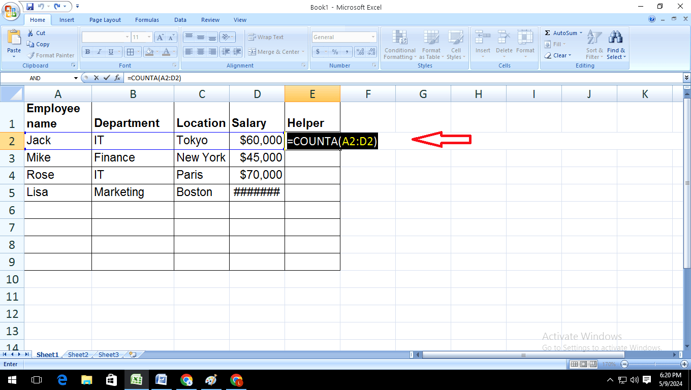 write the formula with COUNTA function