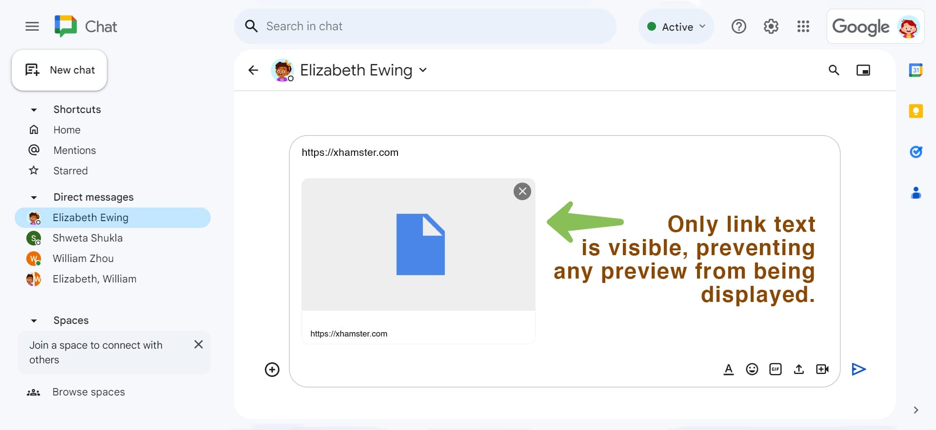 Google Chat with blocking link previews using Safe Doc