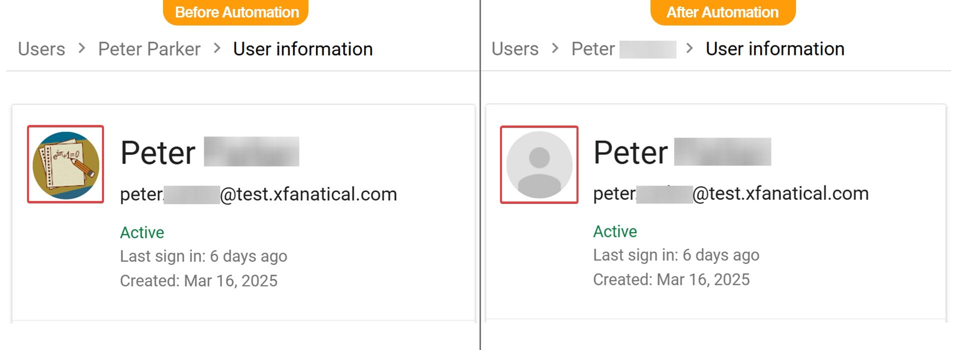 Confirmation of successful automation after deleting the user's profile photo.
Akshata Bandodkar
Akshata Bandodkar
5:56 PM Apr 18
@s.pillala@xfanatical.com, please note on the image.


https://drive.google.com/file/d/126UnZSD-xk03daKeG553i8A_FrD4zcpq/view?usp=sharing


Thank you.
Show more


Turn on screen reader supportTo enable screen reader support, press Ctrl+Alt+Z To learn about keyboard shortcuts, press Ctrl+slashBanner hidden 
