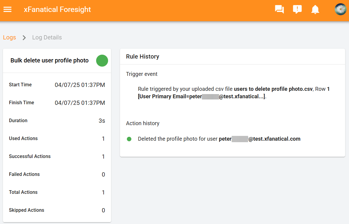 A detailed log screen, sent upon the execution of the rule, informing users of the action taken.