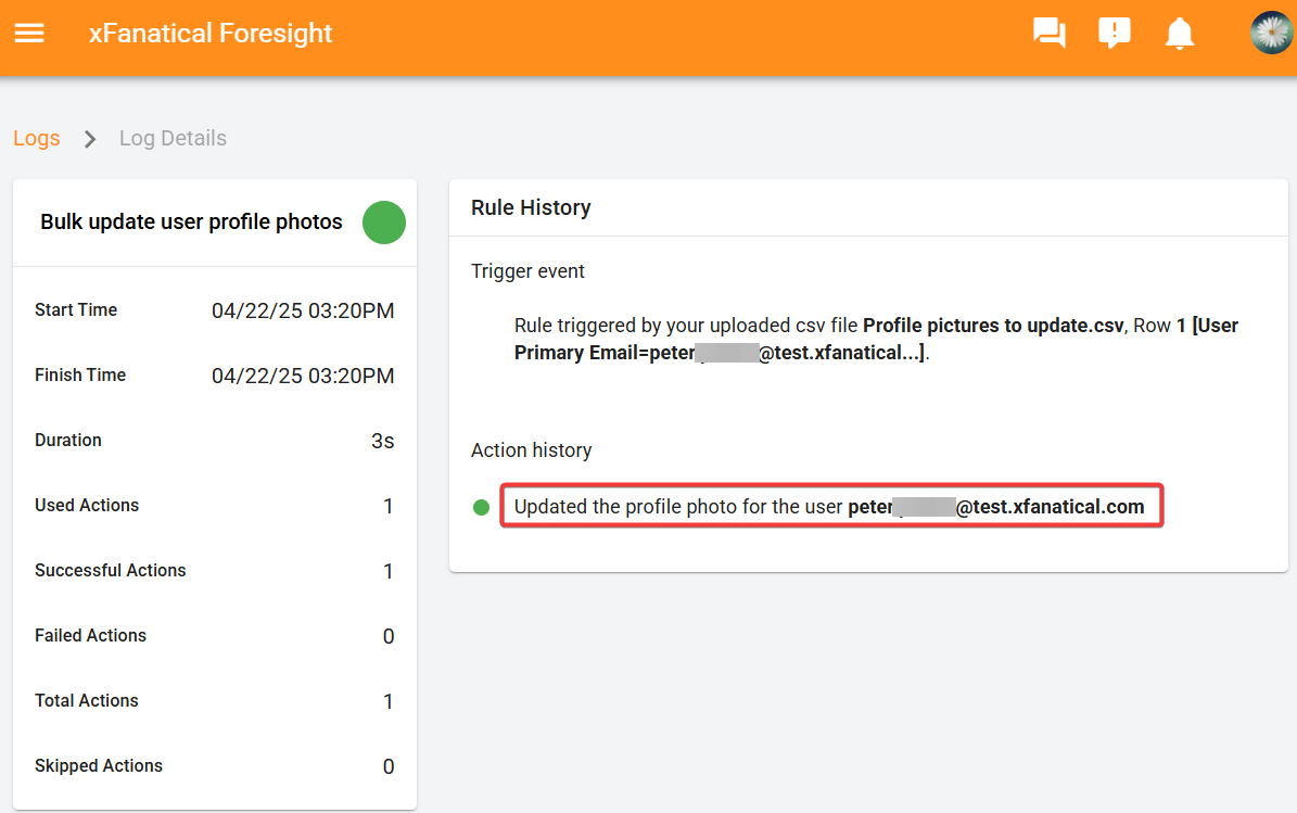 A detailed log screen, sent upon the execution of the rule, informing users of the action taken.