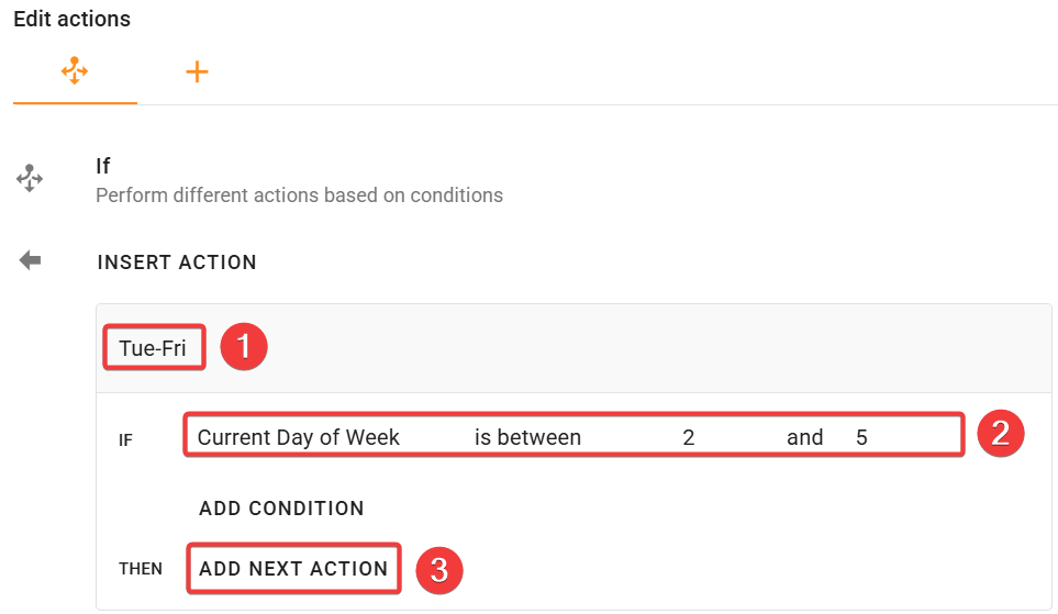 Configure the If action for the daily standup reminder rule.
