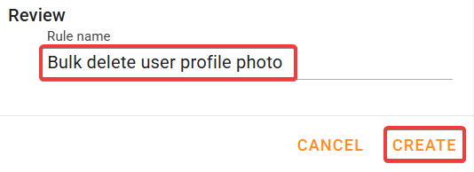 In the Review page, provide rule name and create bulk delete Google user profile photos rule.