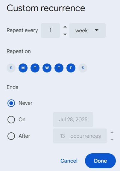 Schedule the recurring calendar event for the daily standup reminder.
