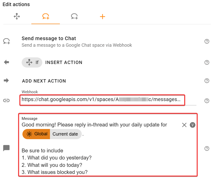 Configure the Send message to chat action for the daily standup reminder rule.