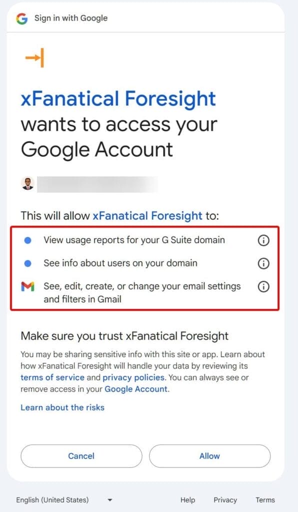 Google scope consent screen for xFanatical Foresight