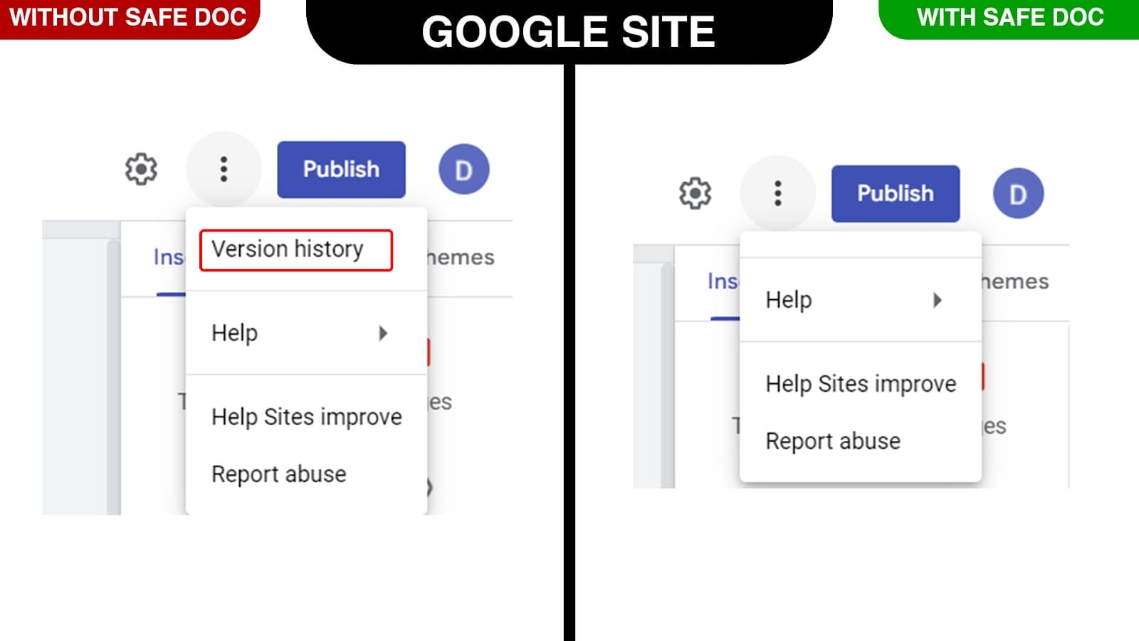 xFanatical Safe Doc removes the Version history menu in Google Sites