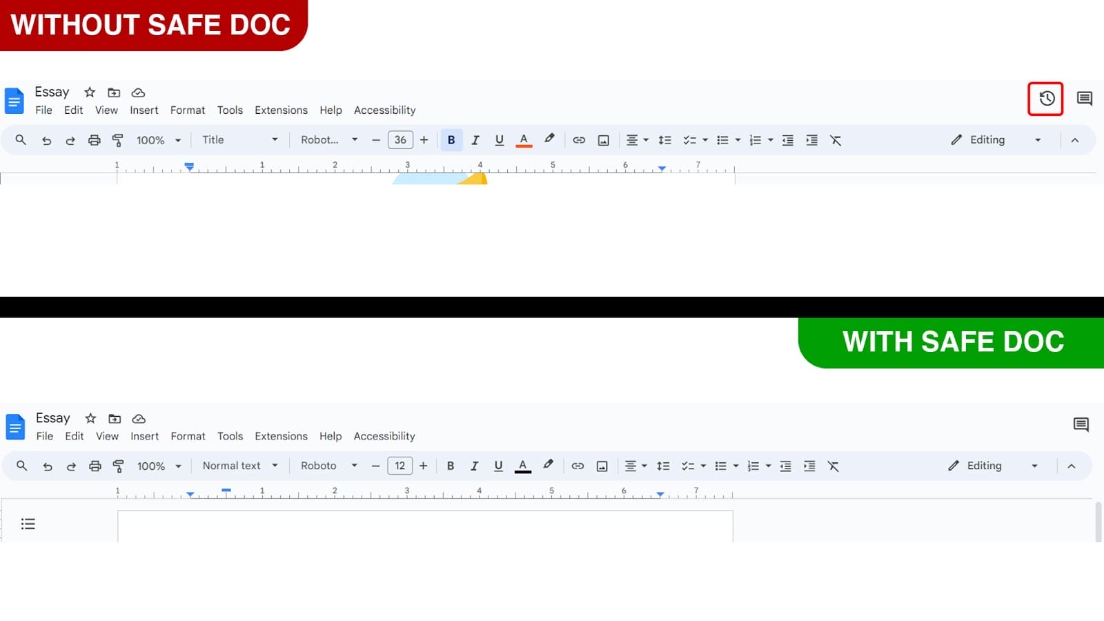 xFanatical Safe Doc removes the Version history option in Google Docs