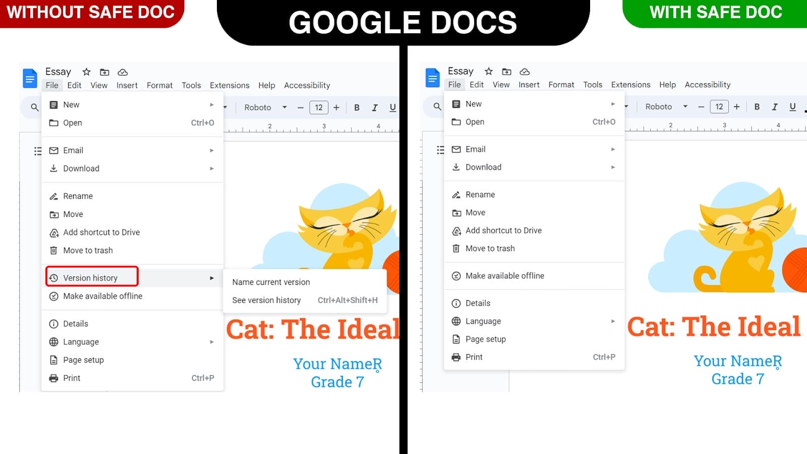 xFanatical Safe Doc removes the Files > Version history menu in Google Docs