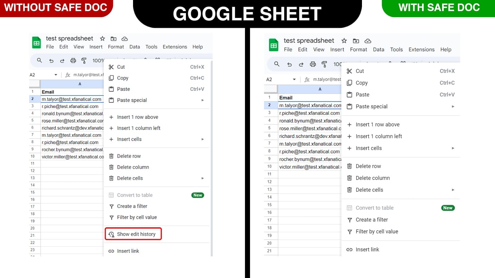 xFanatical Safe Doc removes the Show edit history menu in Google Sheets