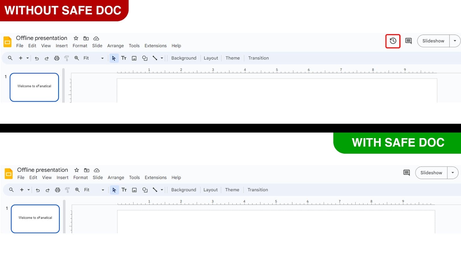 xFanatical Safe Doc removes the Version history option in Google Slides