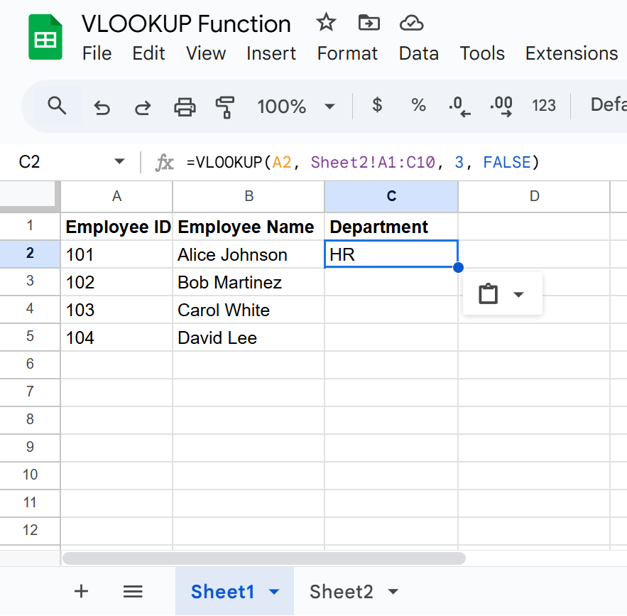 Entering the VLOOKUP Formula in Sheet1