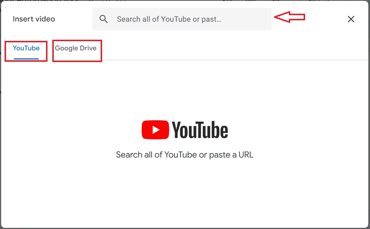 Select the video source YouTube, Google Drive, or URL