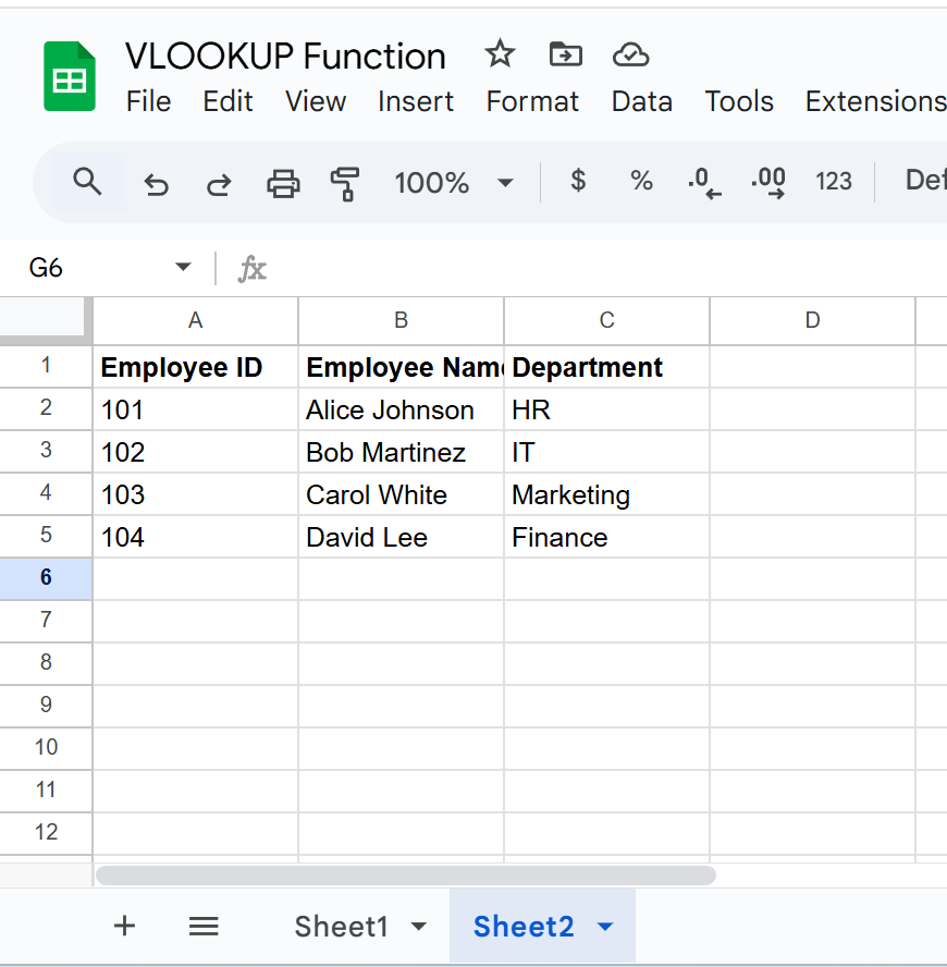 Setting up Data in Sheet2 for VLOOKUP Function