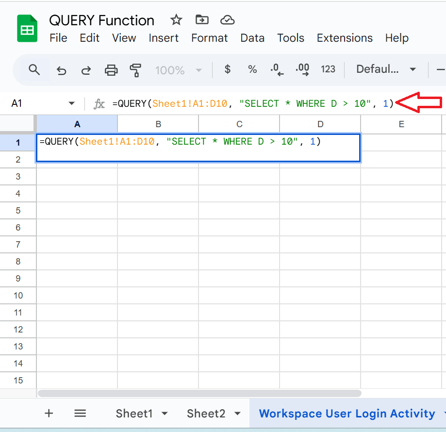 To select all rows where the value in column A is greater than 10 from Sheet1