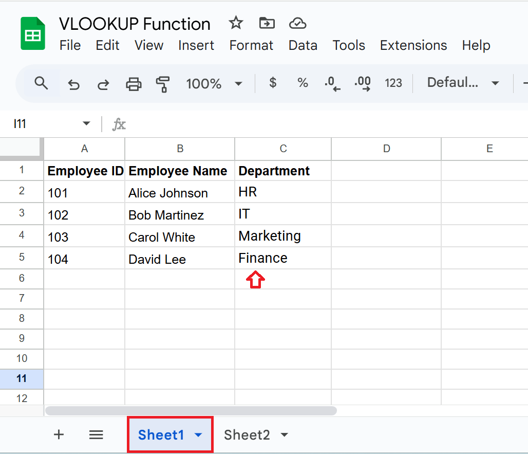 Note: After entering the VLOOKUP formula in C2 on Sheet1, you will need to drag the formula down to apply it to the other rows.
