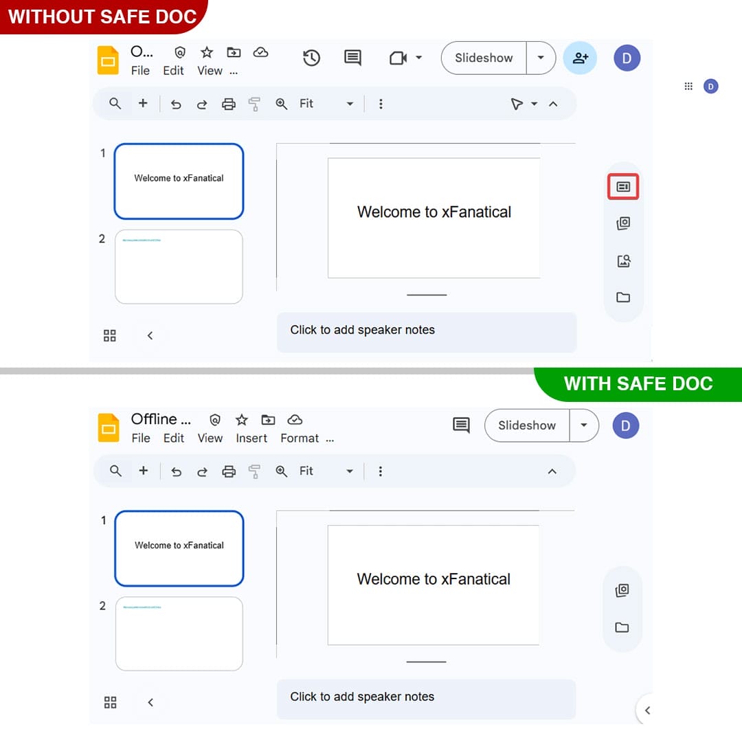 xFanatical Safe Doc removes Templates icon button from the right side navigation pane in Google Slides.