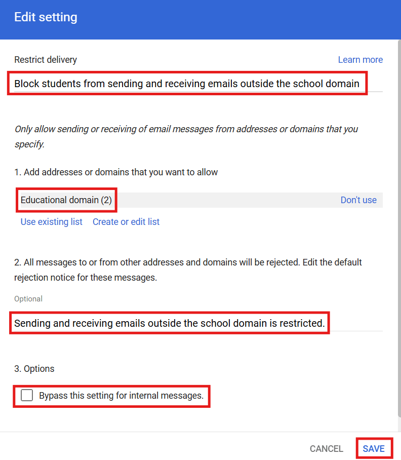Block Students from Emailing Outside School Domain xFanatical