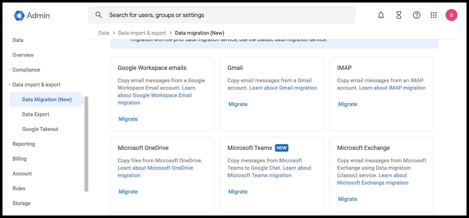 Google Admin Console Data Migration page showing options to migrate emails from Google Workspace, Gmail, IMAP, Microsoft Exchange, OneDrive, and Teams.
