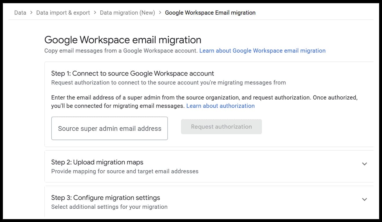 The Google Workspace Email Migration tool helps admins connect to the source account, map email addresses, and configure settings for a smooth migration.