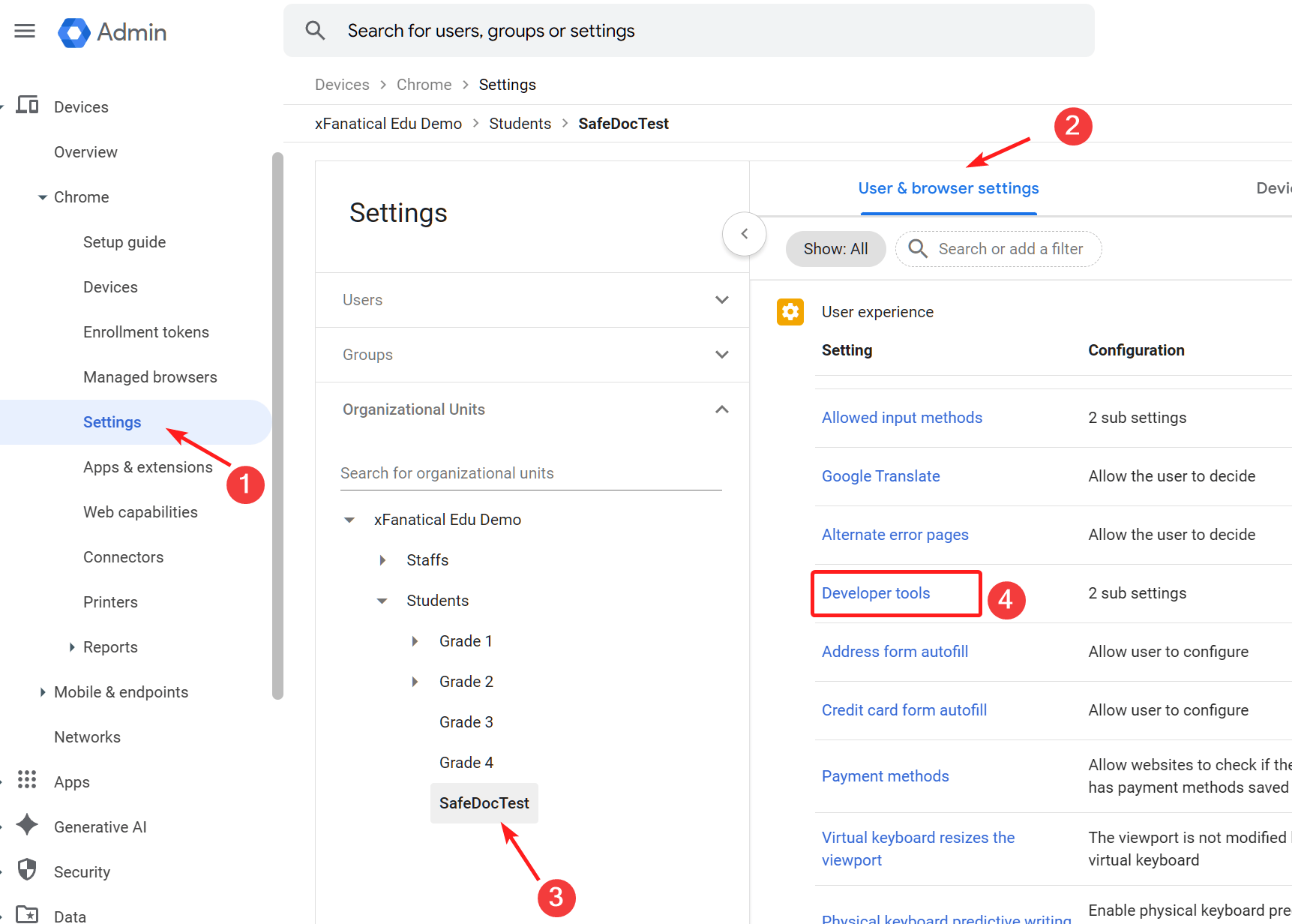 Developer tools setting in Google Admin
