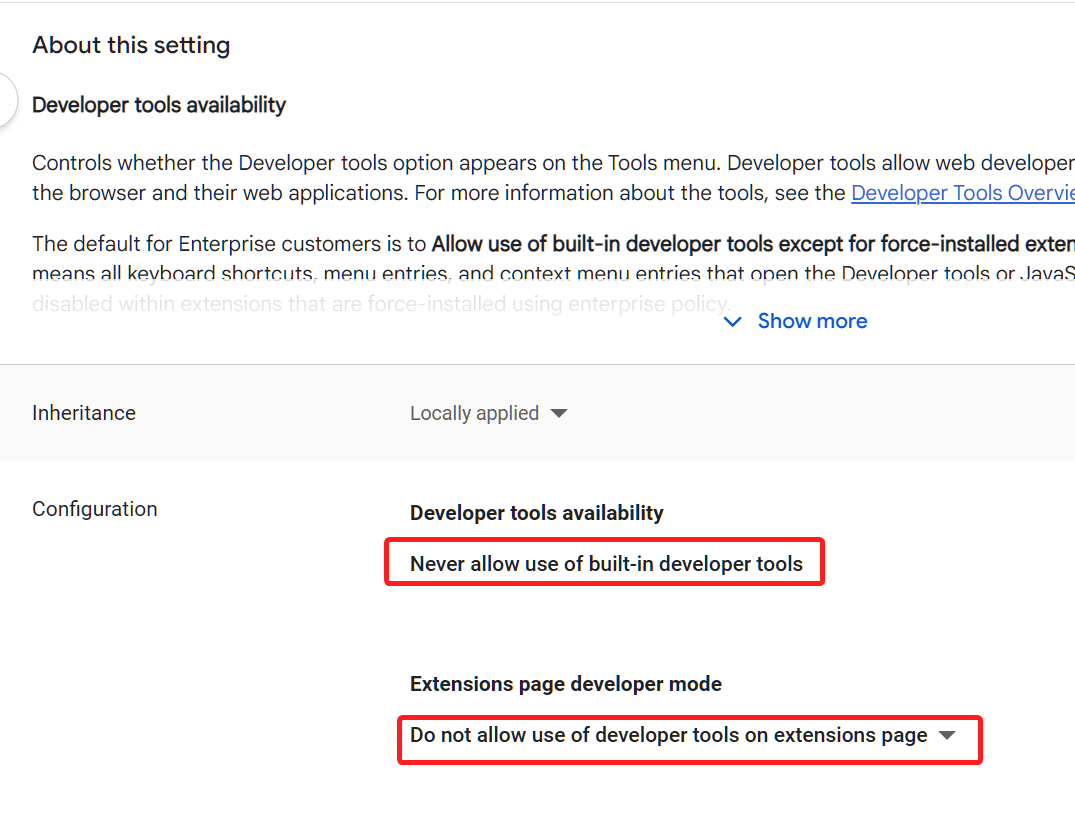 Disable developer tools in Google Admin