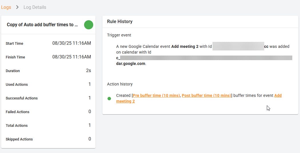 The copy of auto add buffer times to google calendar events rule automation history in xFanatical Foresight