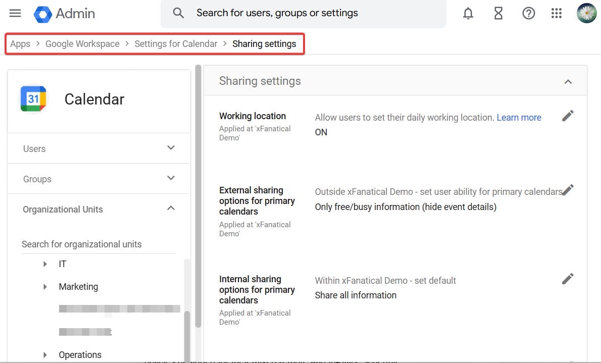  Calendar sharing policies at the OU level
