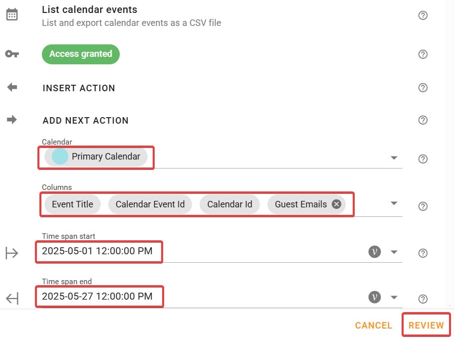 Edit actions ,then List calendar events screen