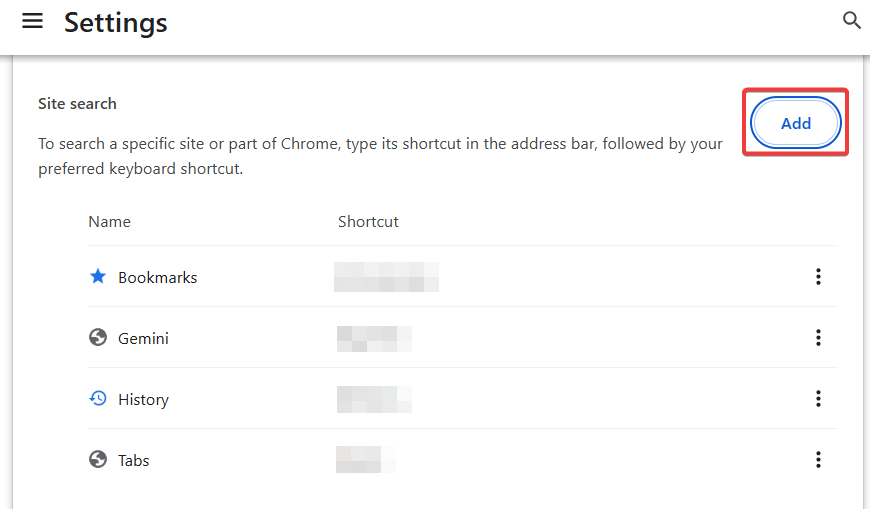 Site search section and click Add