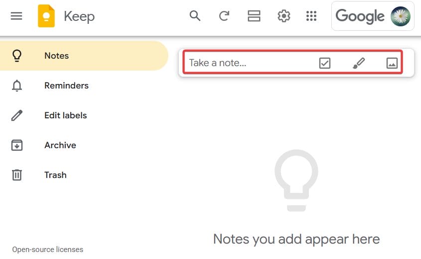 Take a note at the top of the screen. Click to start typing your note.