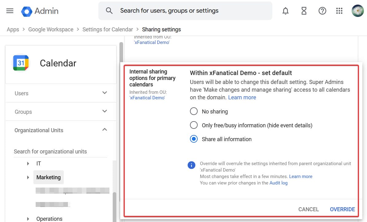 default calendar visibility