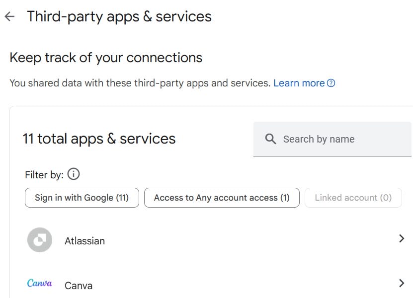 list of all apps and services that have access to parts of your Google Account