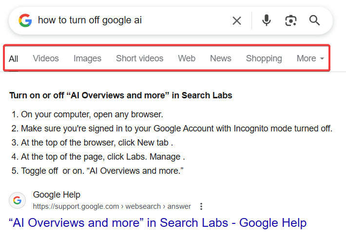 row of filter tabs just below the search bar options like All, Images, News etc.