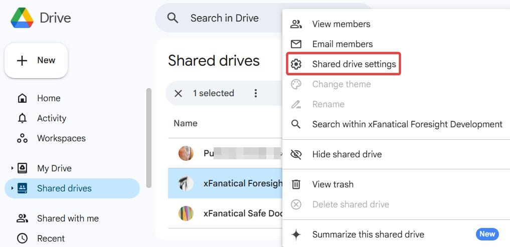 the Sharing Settings of the Shared Drive