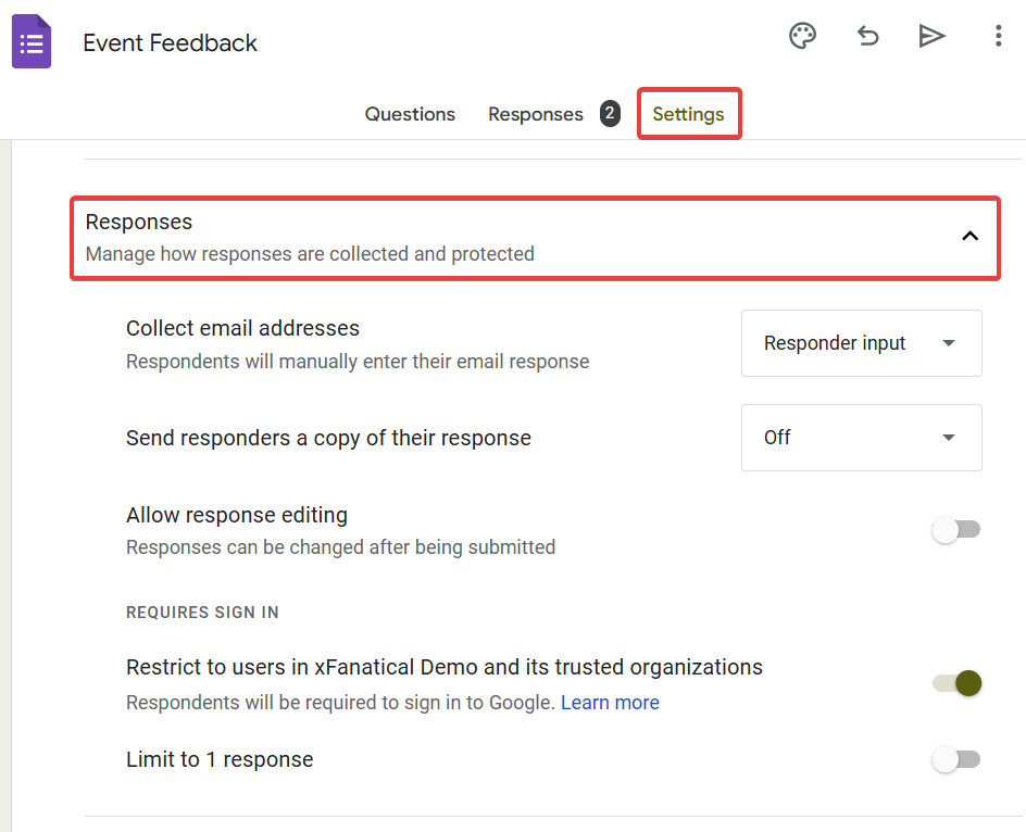 Settings Tab in Google form