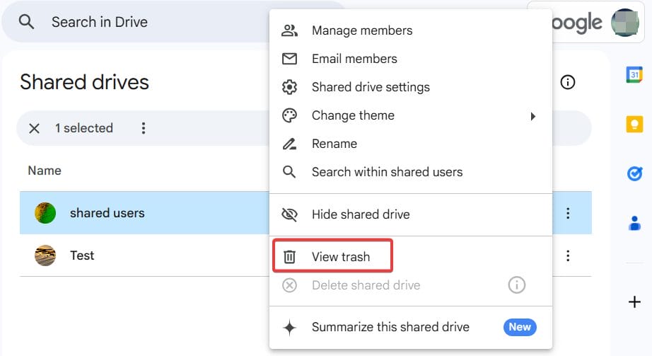 Click on the 3-dot menu and click View trash