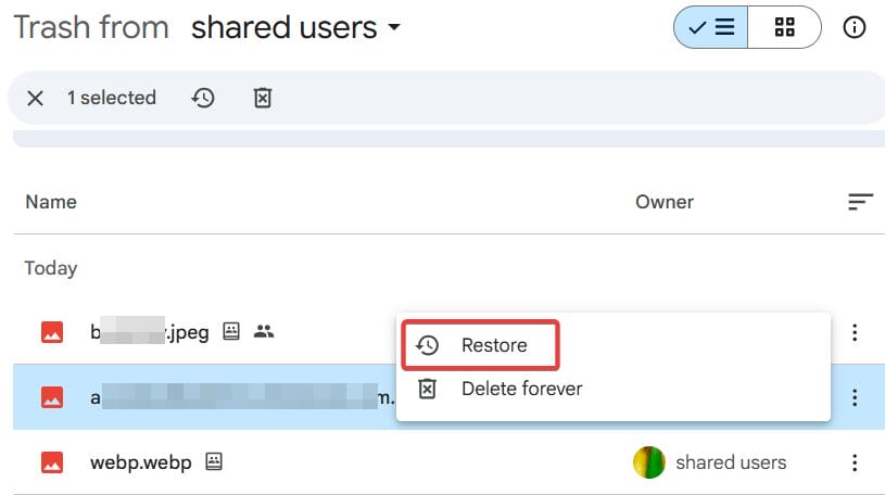 Locate the file which you want to restore.