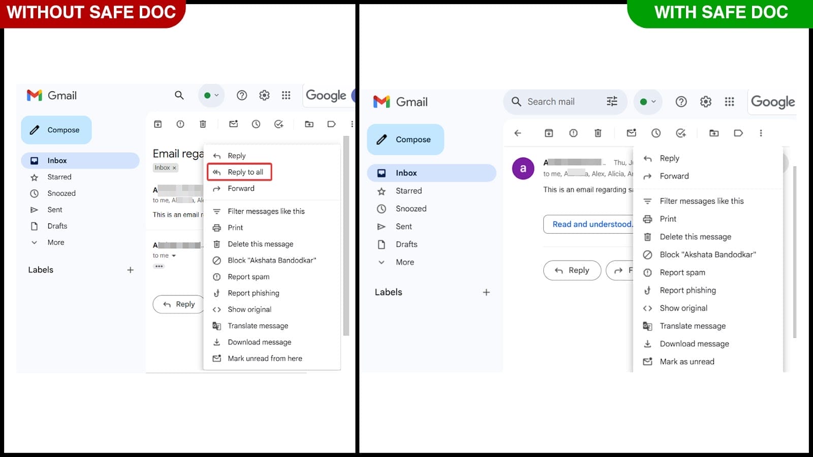 xFanatical Safe Doc blocks the Reply all menu item in Gmail
