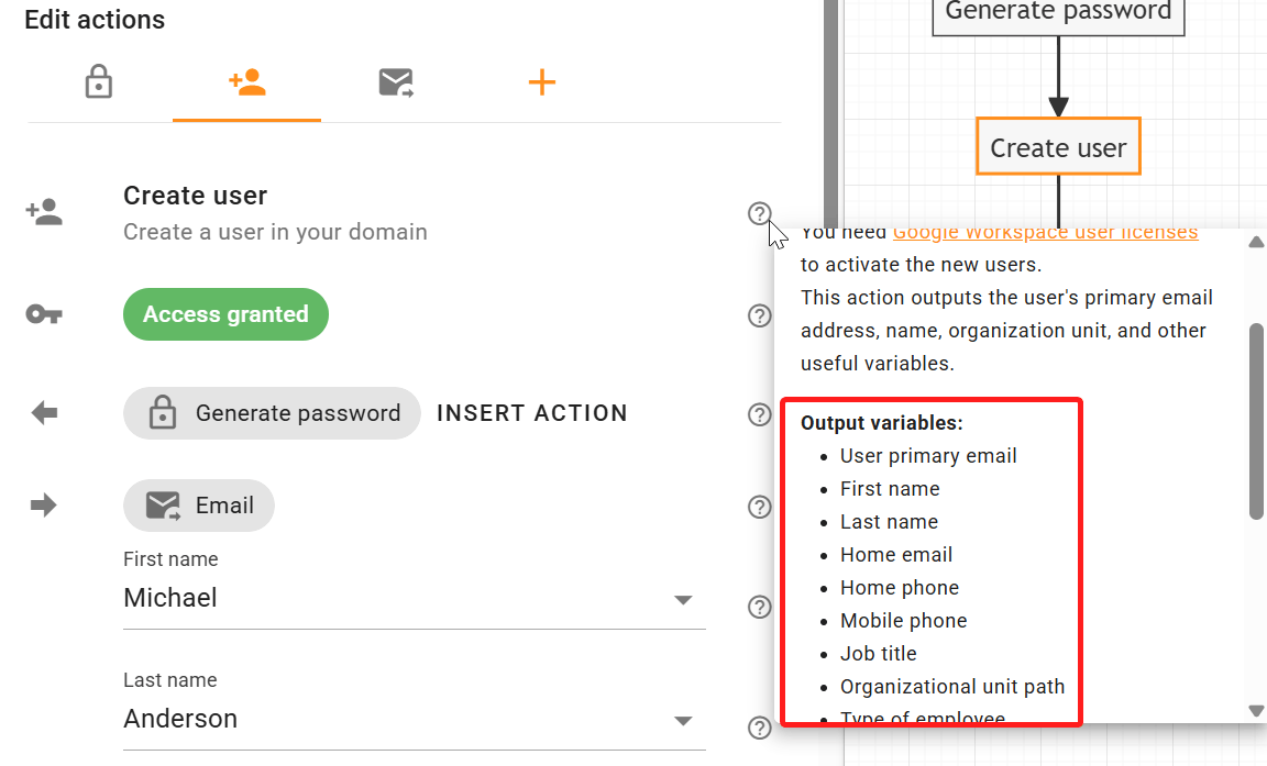Supports variables in the Create user action