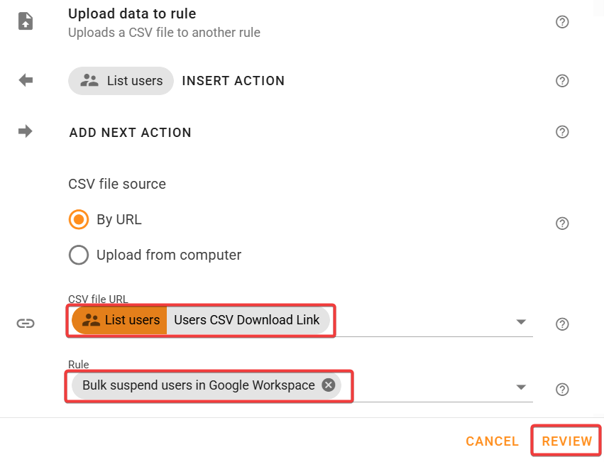 Edit the Upload data to rule trigger for Schedule exporting all users in an OU rule.