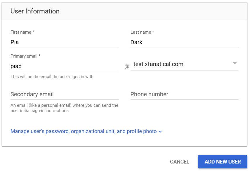 Add new user within Google Admin Console.
