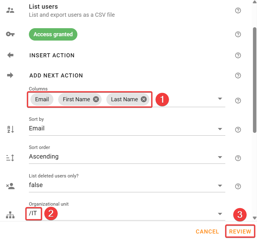 Edit the list users action for List Google Workspace users from specific Organizational Unit rule.