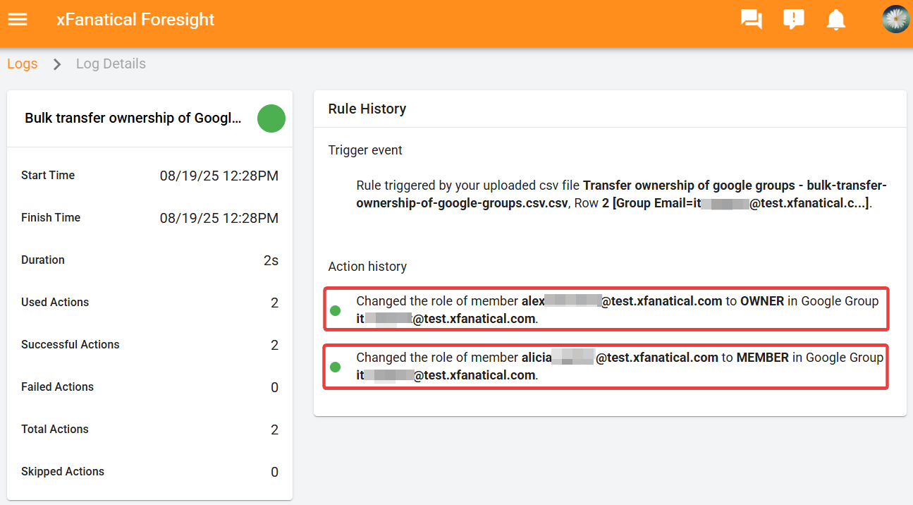 A detailed log screen, sent upon the execution of the rule, informing users of the action taken.