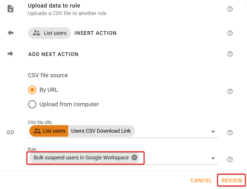 Provide the rule to which you want to upload the data.